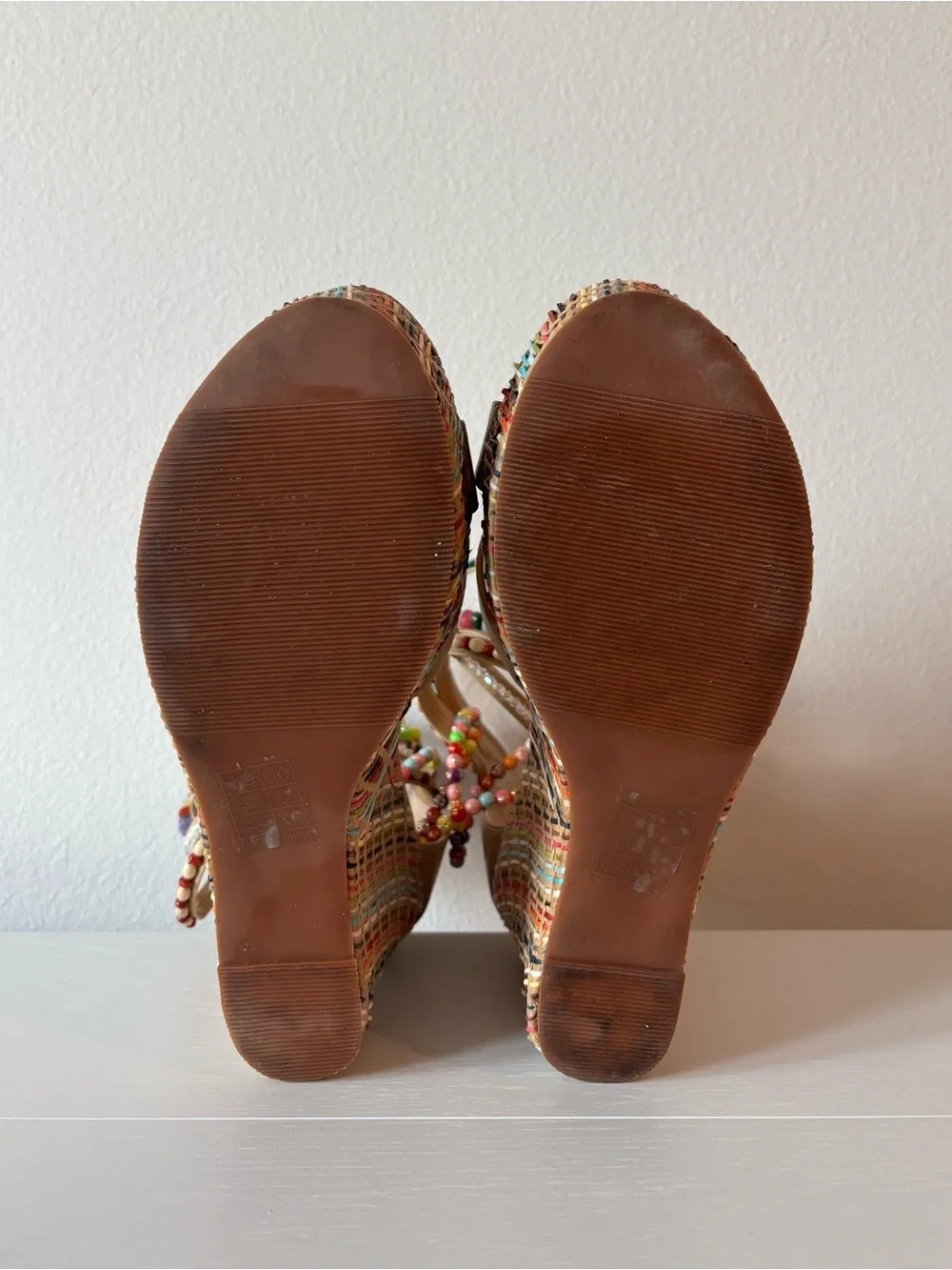 Getmorebeauty Tan Multicolor Beaded Boho Platform Wedge Sandals EU 39